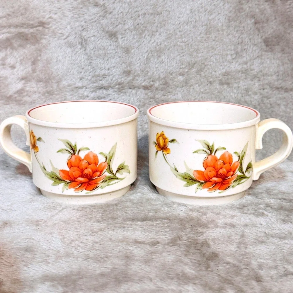 Noritake Roanoke‎ Floral Stoneware Creamer Dessert Set Vintage Japan Orange 70's